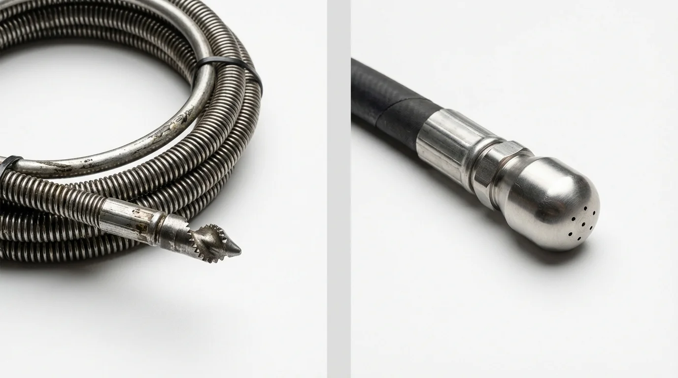 Drain snake cable and hydro jetting nozzle used for drain cleaning in Kirkland, WA