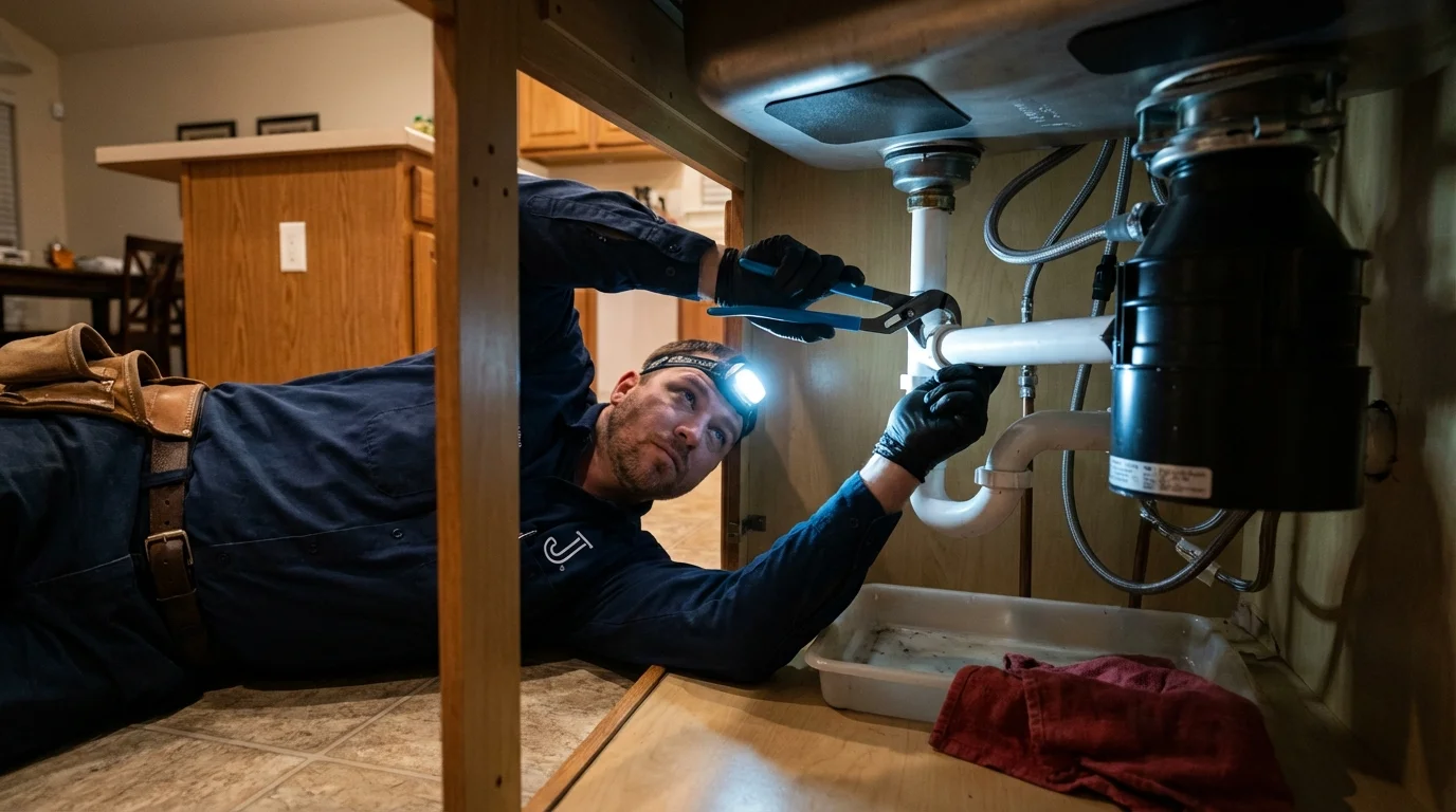 P-trap and supply line connections under a kitchen sink showing a common leak point in Kirkland, WA